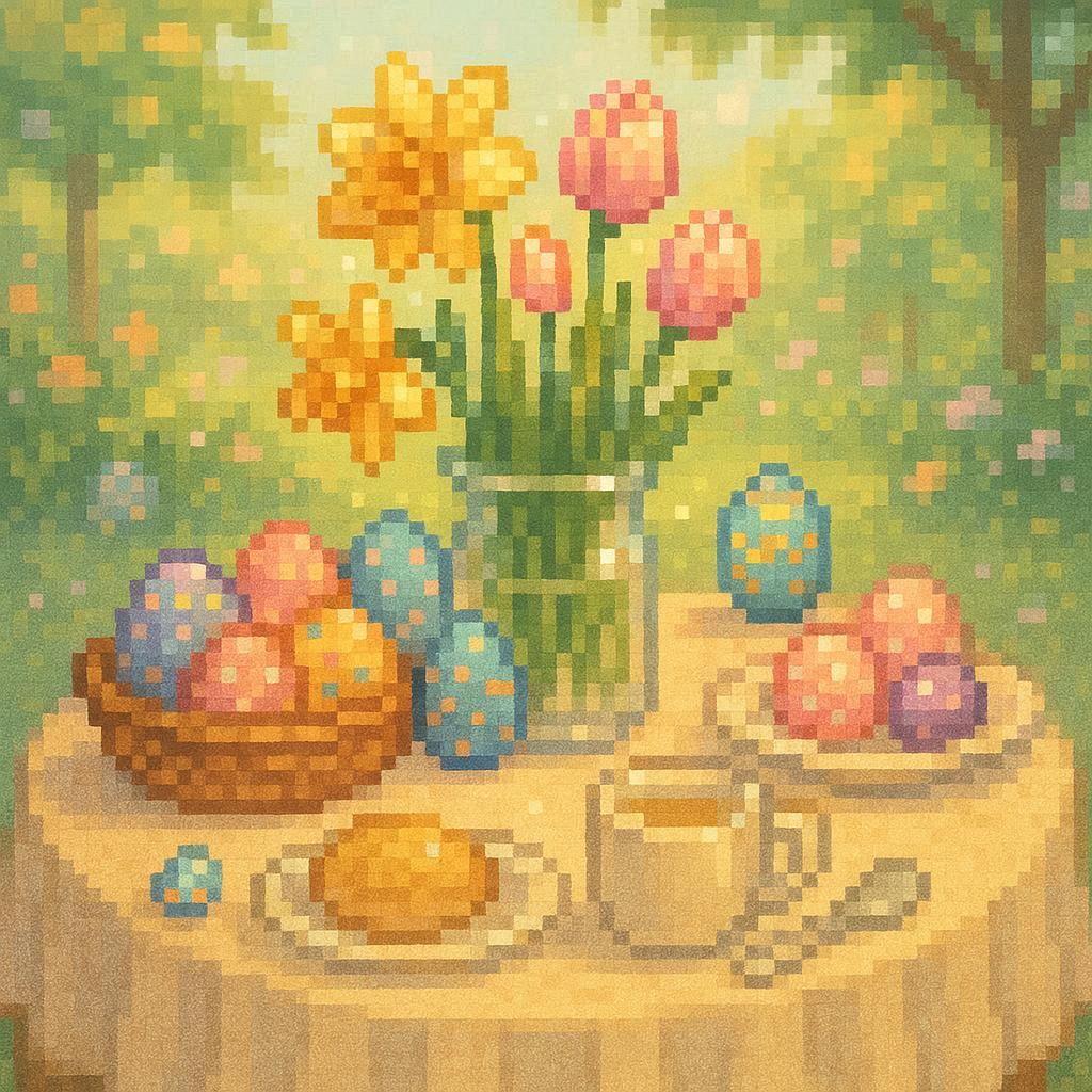  a charming pixel‑art Easter table scene with soft pastel colors. Show a small table set with decorated eggs, spring flowers, and simple dishes, rendered in crisp pixel textures. Use gentle sunlight and a warm, cozy atmosphere. Keep the background as a softly blurred pixel‑art garden with trees and flowers. Emphasize tiny highlights, subtle shading, and a peaceful, whimsical mood.